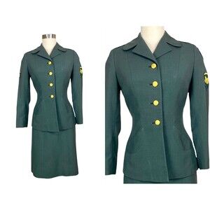 Vintage 1970s 70s Womens Military Army WAC Green Blazer Jacket and Skirt Suit